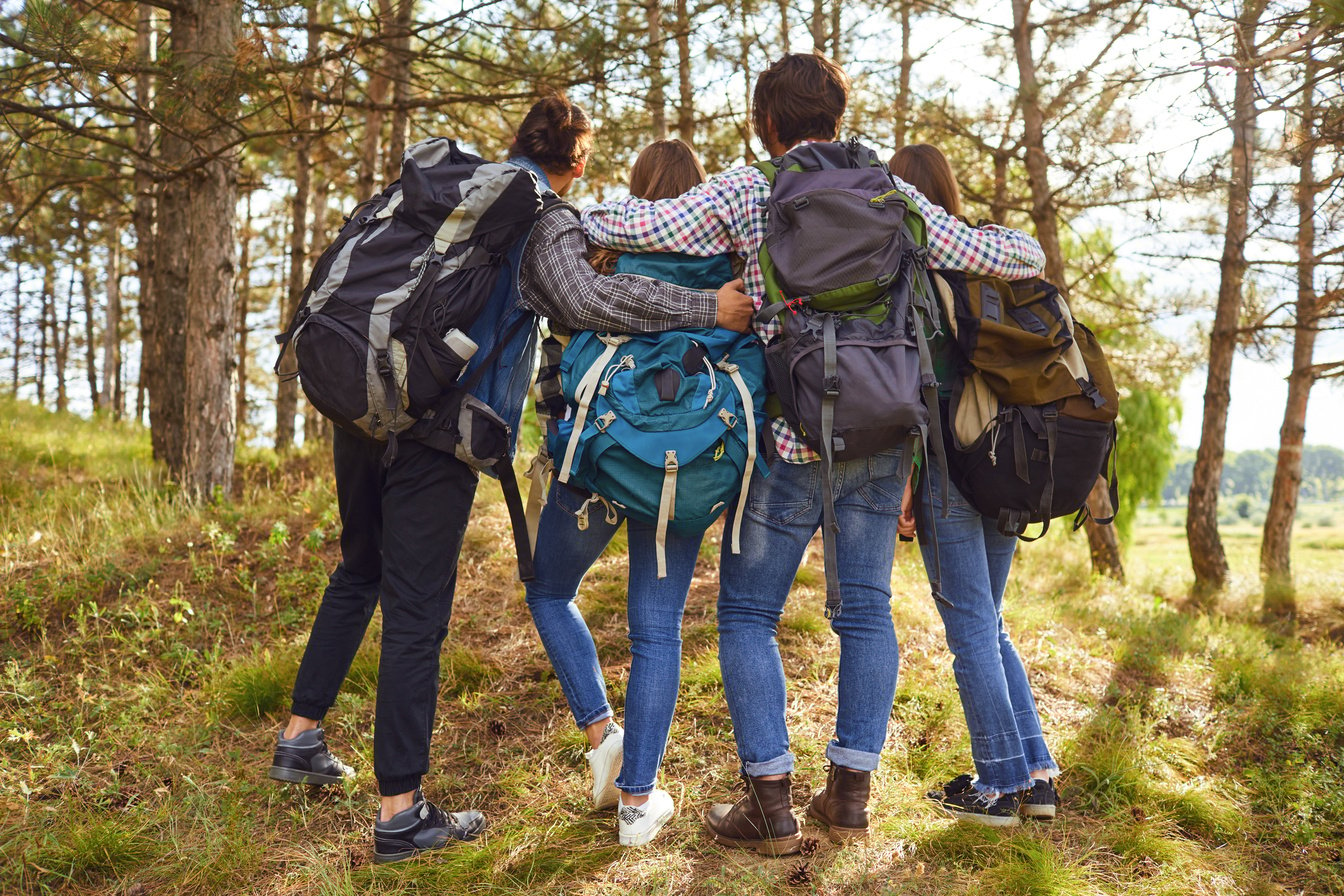 Young People with Backpacks Stand in the Forest from behind.